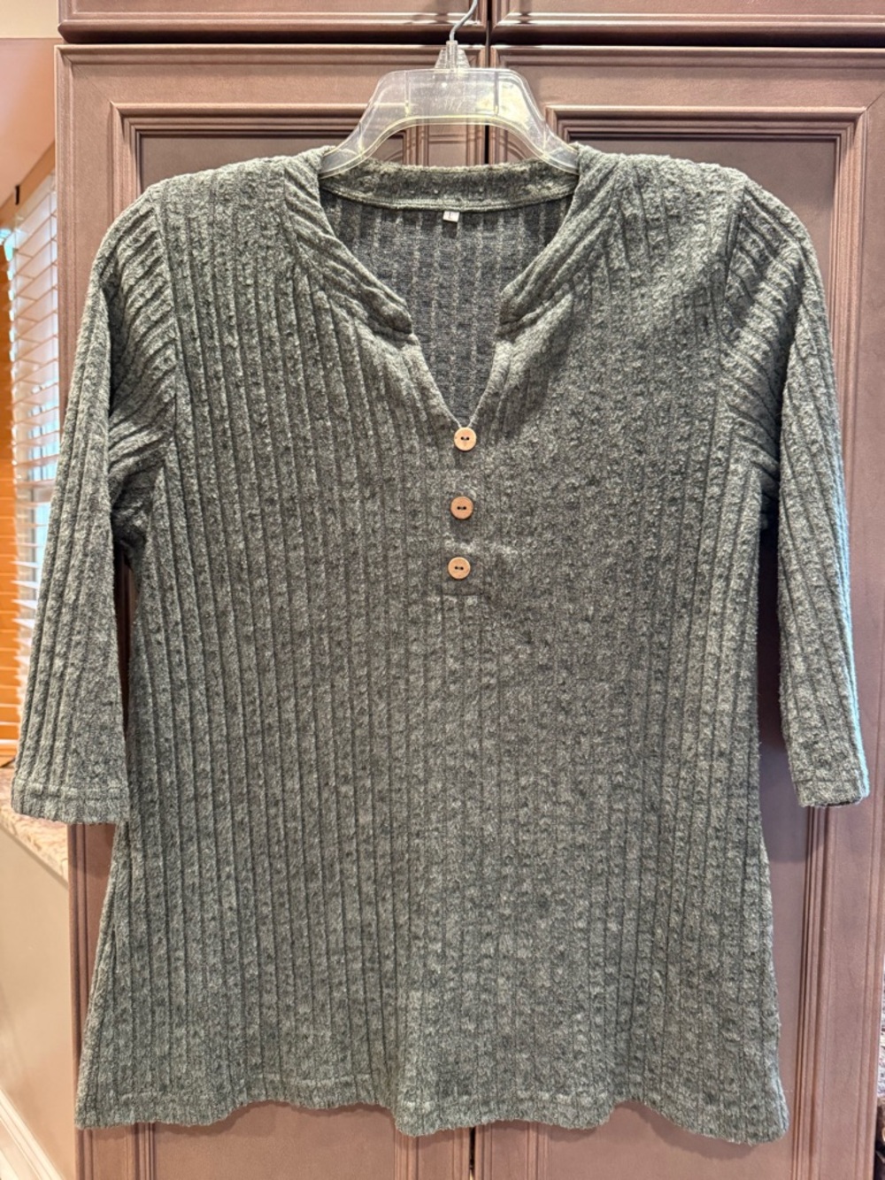 Women's Large Ribbed Henley Tunic in Heather Moss Green 3/4 Length Sleeves
